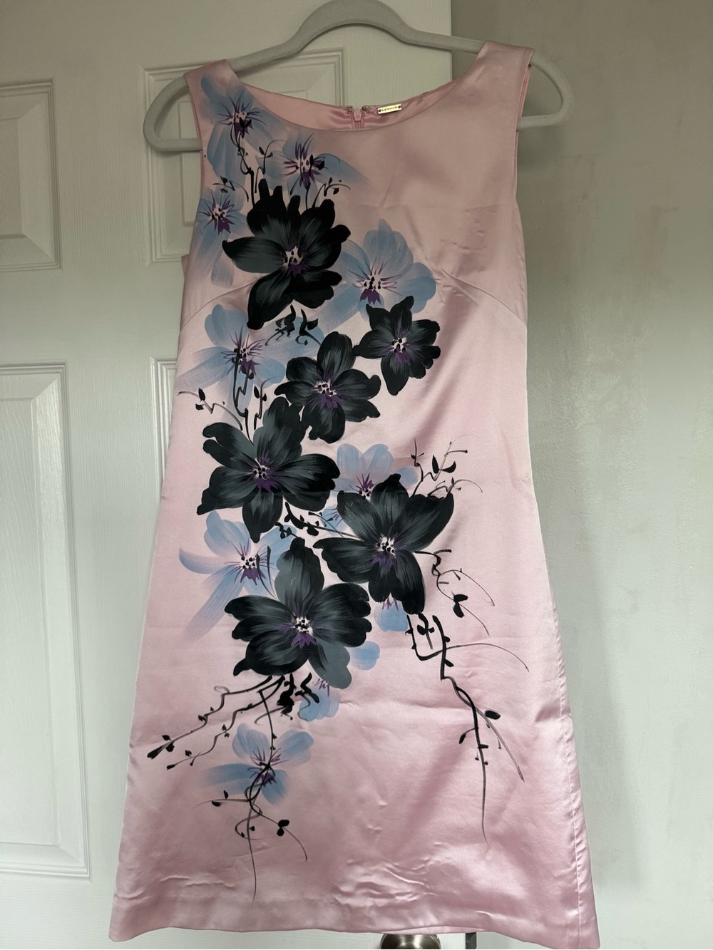 Elie Tahari Pink Satin Midi Dress with Black and Lavender Floral Print